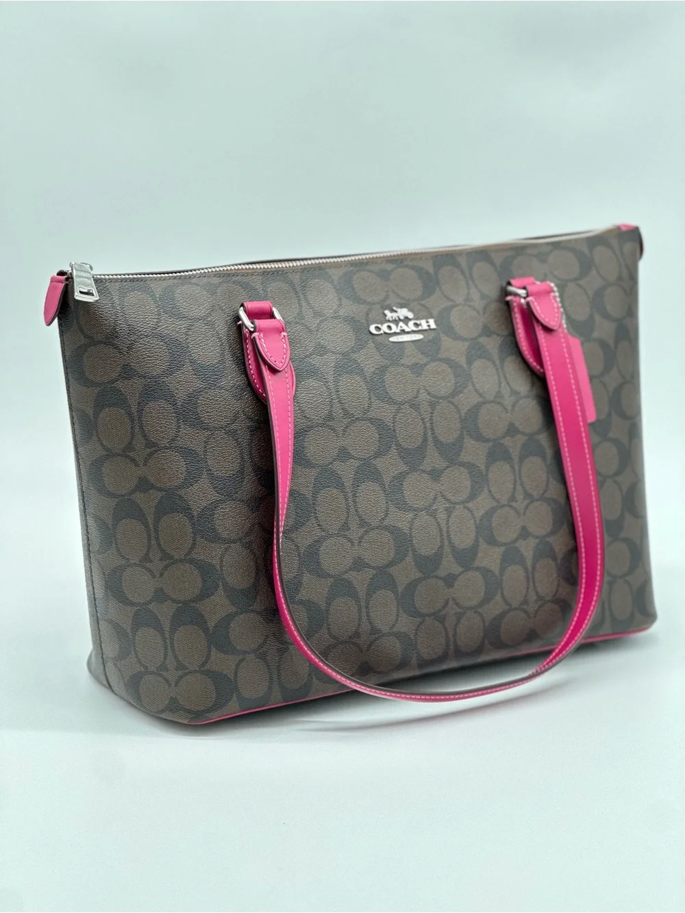 Coach Brown Signature Tote with Pink Handles